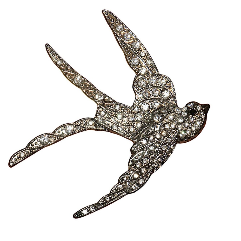 Banana Republic Silver Tone CZ Barn Swallow Bird Brooch Pin
